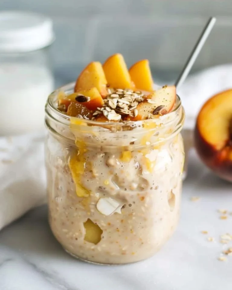 Delicious peach overnight oats in a jar, topped with fresh fruit and nuts.