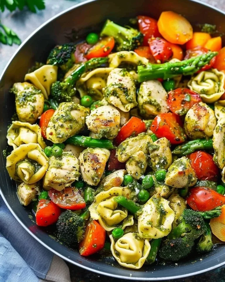 Pesto chicken with tortellini and mixed veggies on a plate