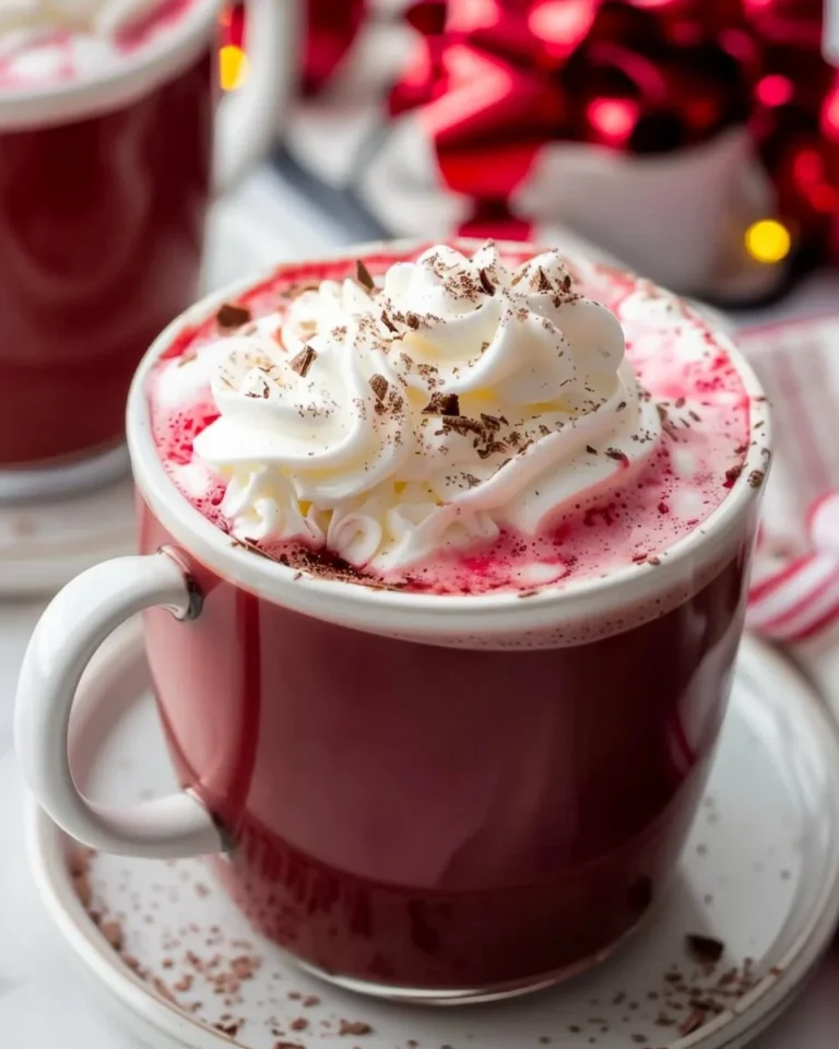 Delicious cup of Red Velvet Hot Chocolate topped with whipped cream and sprinkles