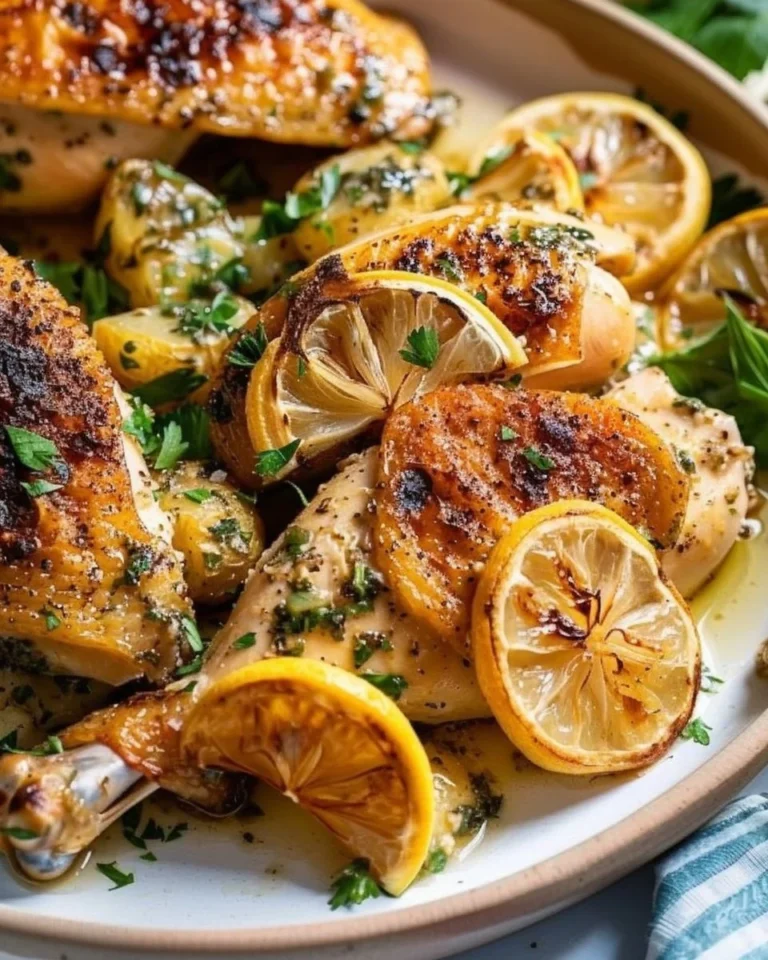 Delicious Roast Chicken Piccata served with fresh herbs and lemon slices