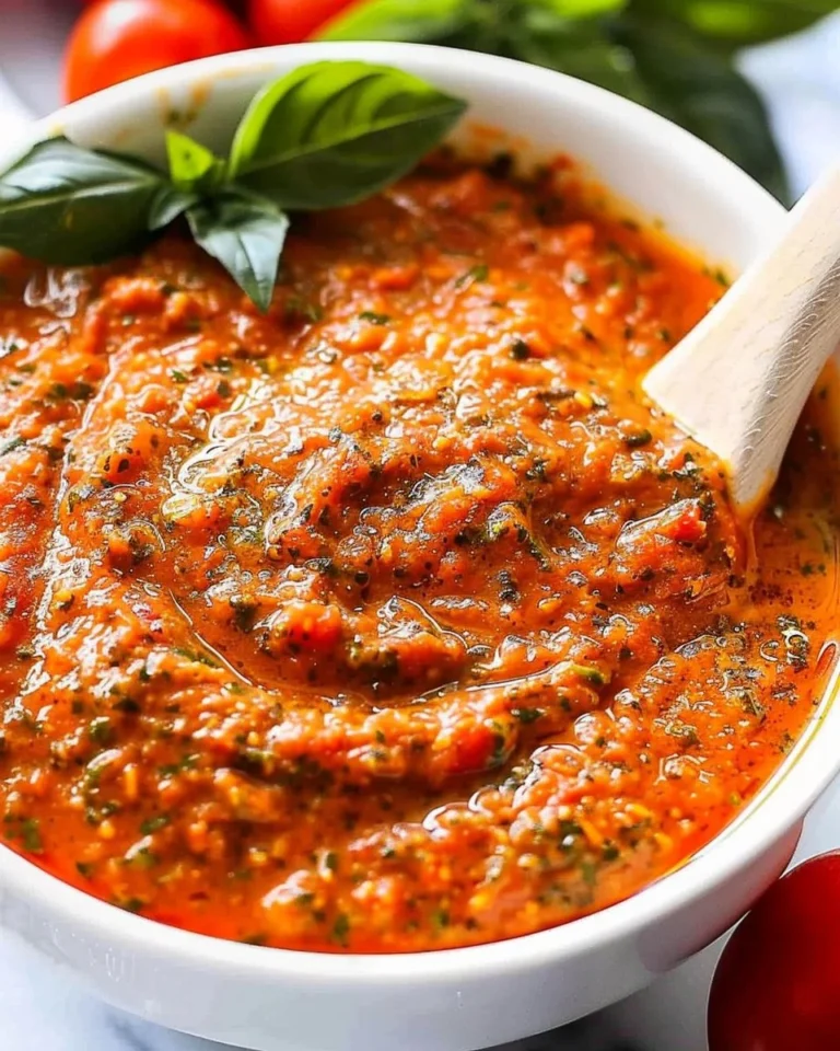 Bowl of homemade Sicilian Tomato Pesto with fresh basil and tomatoes