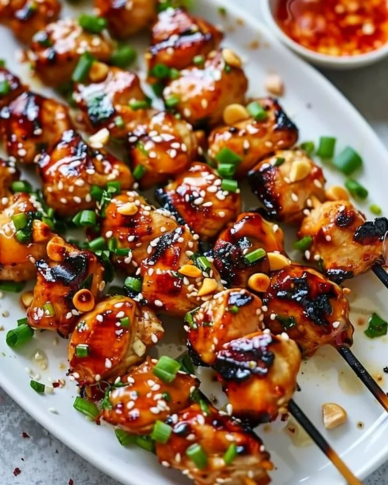 Simple grilled chicken skewers with honey garlic sauce on a plate.
