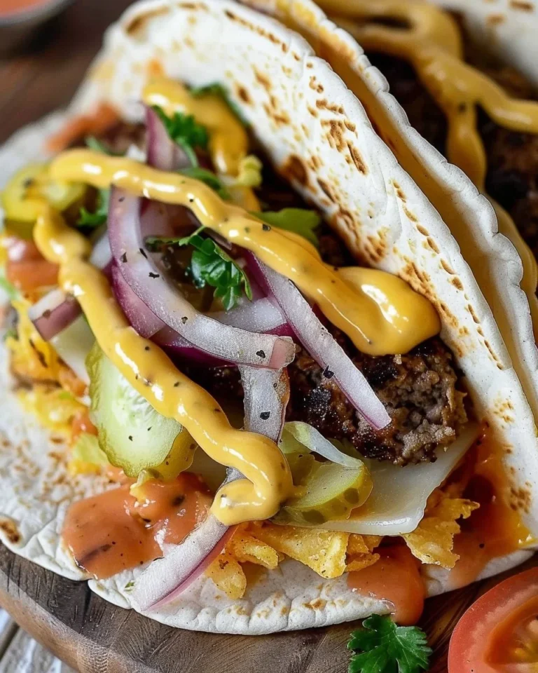 Delicious smash burger taco topped with burger sauce on a plate.