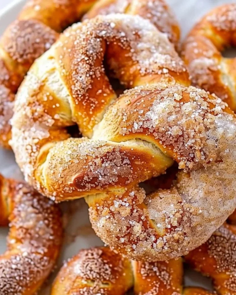 Delicious soft pretzels coated in cinnamon sugar, ideal for snacking.