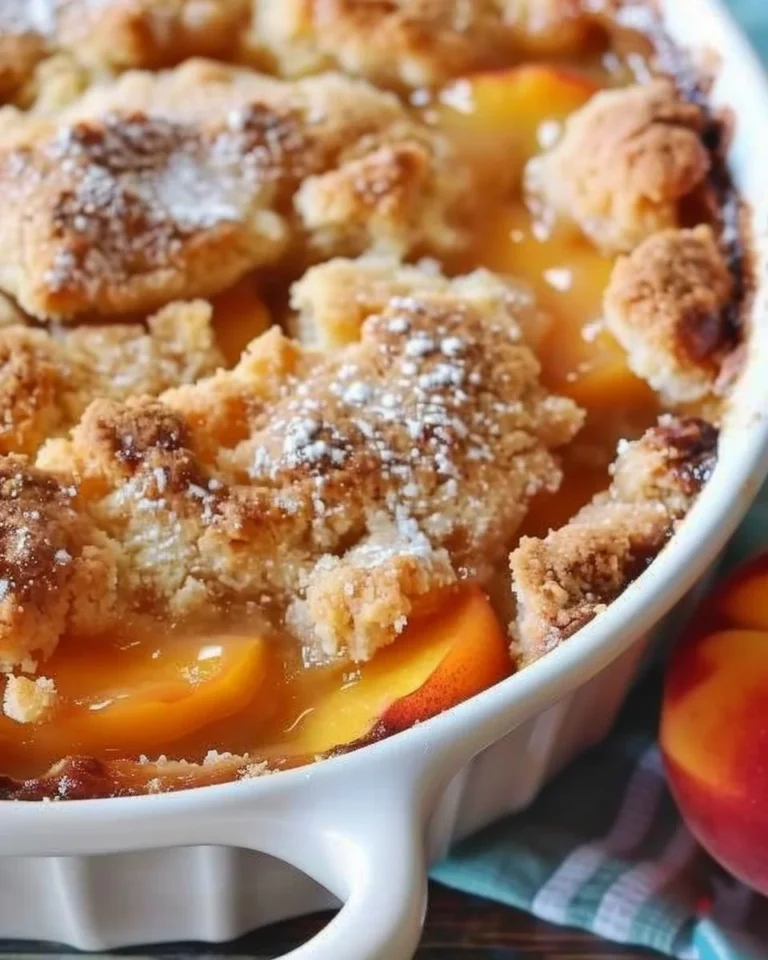 Delicious Southern peach cobbler topped with golden crust and fresh peaches