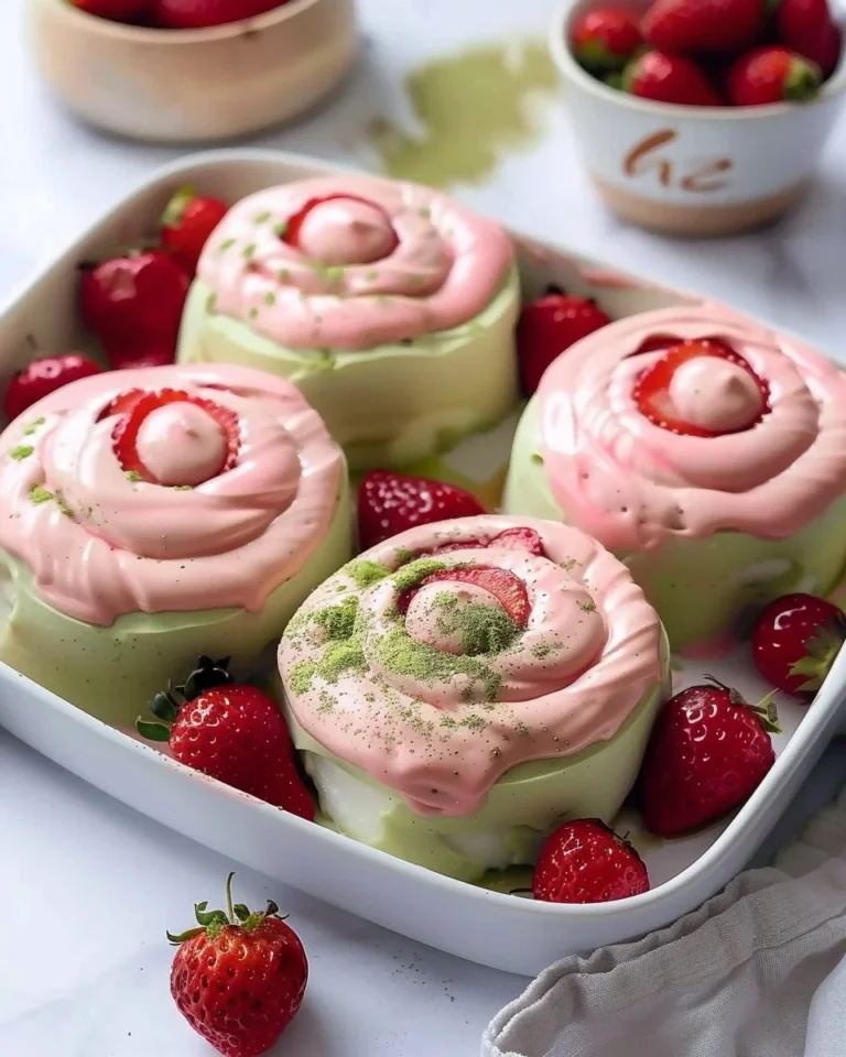 Delicious Strawberry Matcha Latte Rolls freshly baked on a wooden table