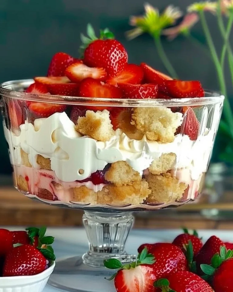 Delicious strawberry shortcake trifle with layers of strawberries and cream