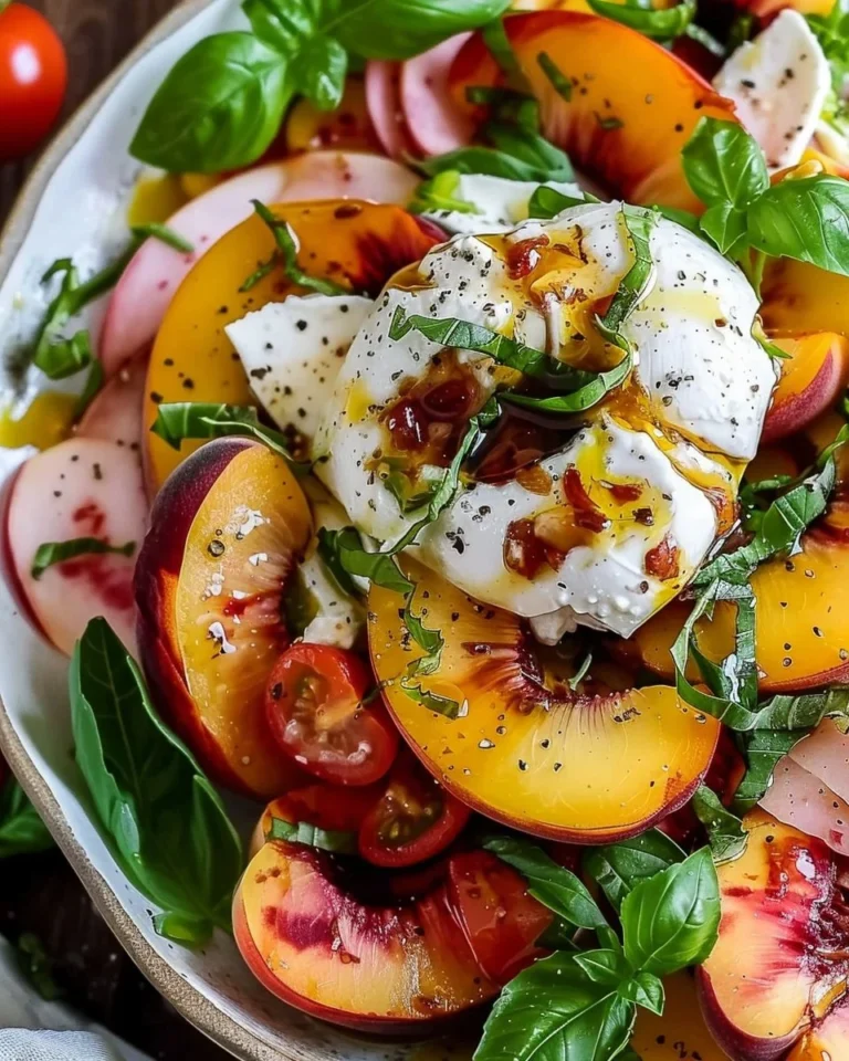 Delicious Summer Peach Burrata Salad with fresh peaches and creamy burrata