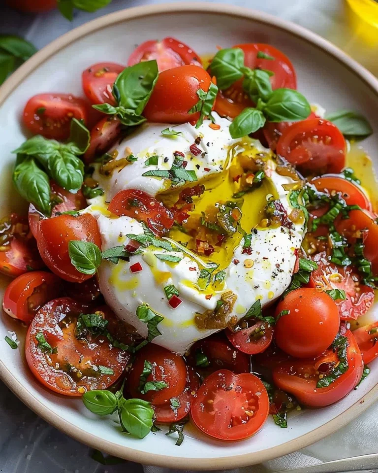 Delicious Tomato Burrata Salad with fresh tomatoes and creamy burrata cheese