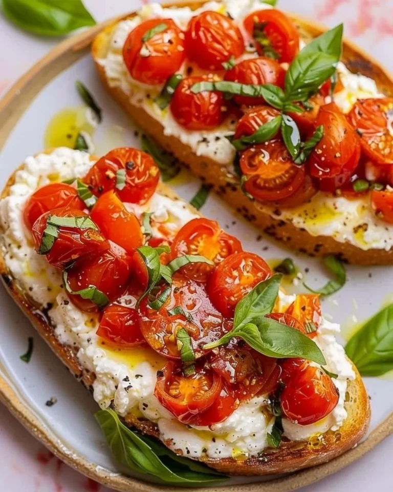 Plate of tomato confit on whipped ricotta toast with garnishes