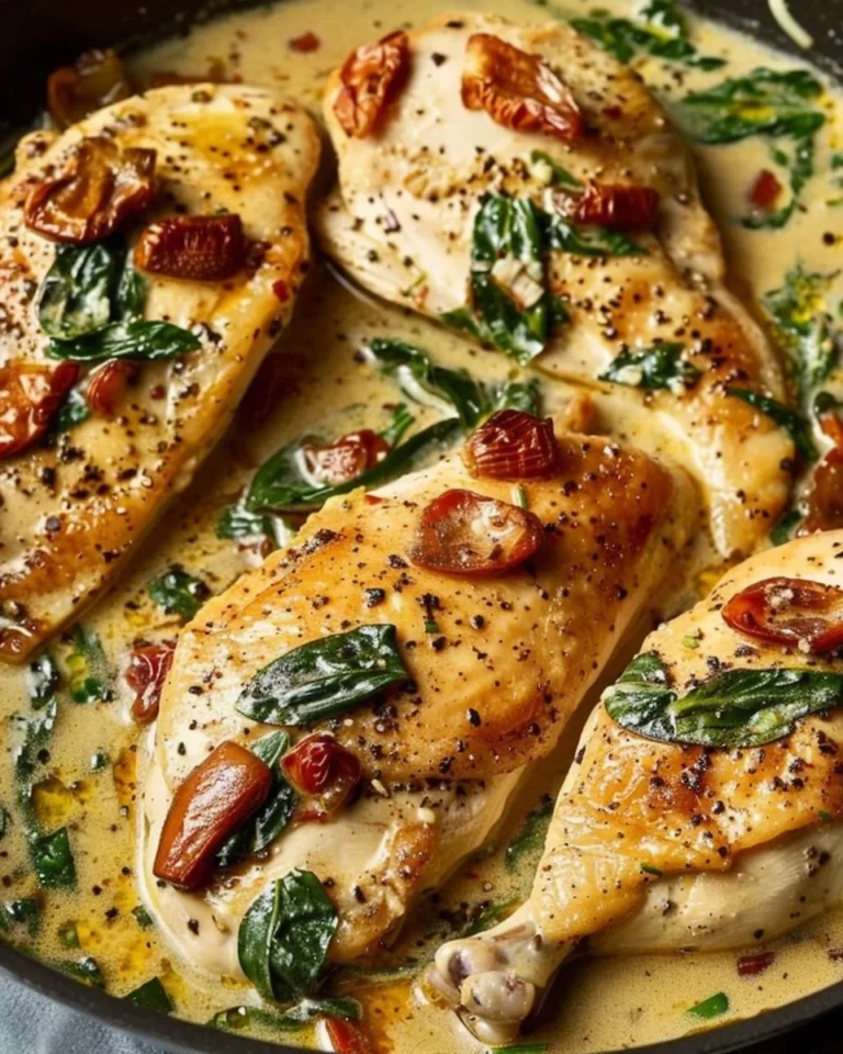 Delicious Tuscan Chicken with sun-dried tomatoes and spinach served on a plate.