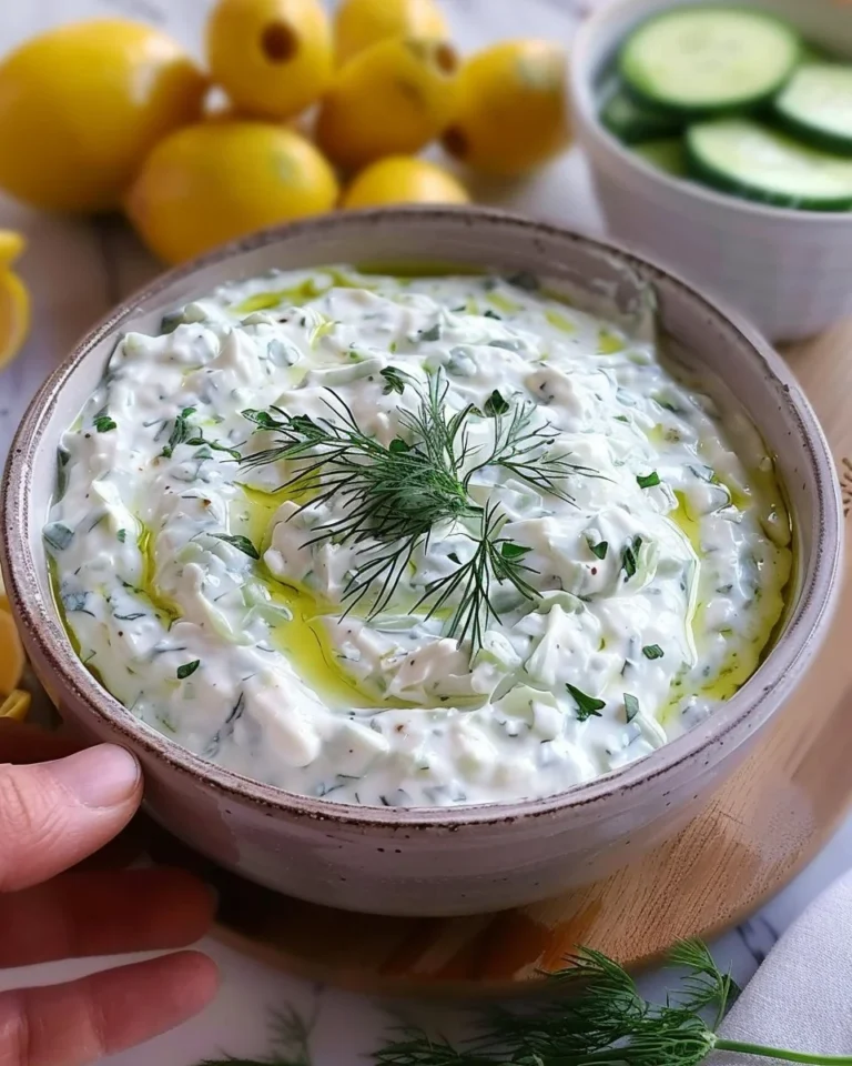 Bowl of homemade tzatziki sauce with cucumbers and herbs