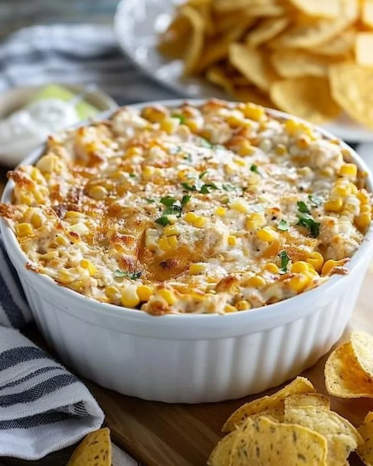 Delicious ultimate corn dip served in a bowl with tortilla chips