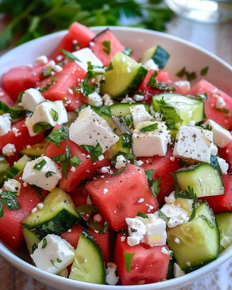 A vibrant bowl of Watermelon Cucumber Feta Salad with fresh ingredients.