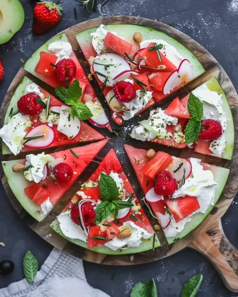 Colorful watermelon pizza topped with fresh fruits and mint leaves
