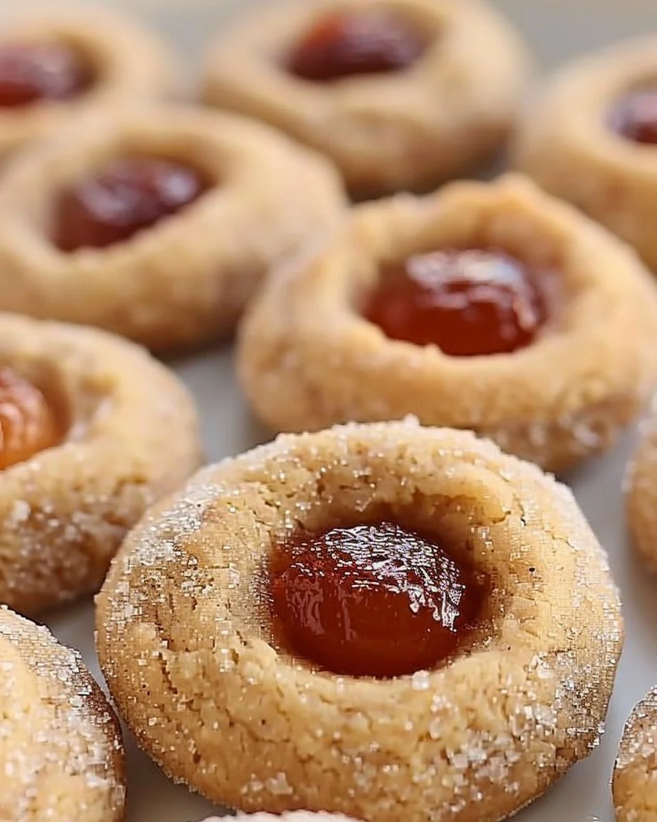 Delicious apple butter thumbprint cookies on a plate with warm spices.