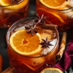 Delicious Autumn Punch in a clear glass with fall-themed decorations