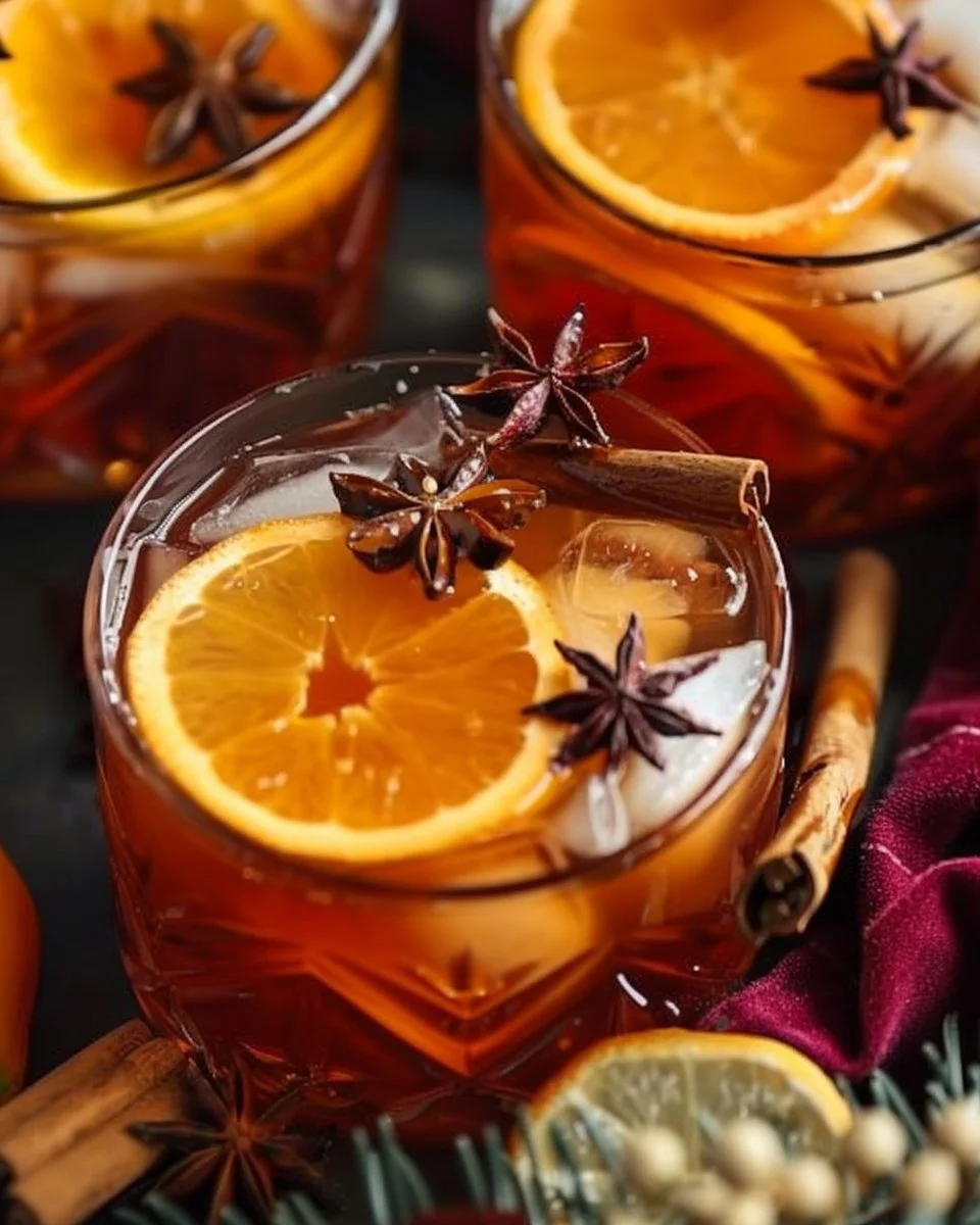 Delicious Autumn Punch in a clear glass with fall-themed decorations
