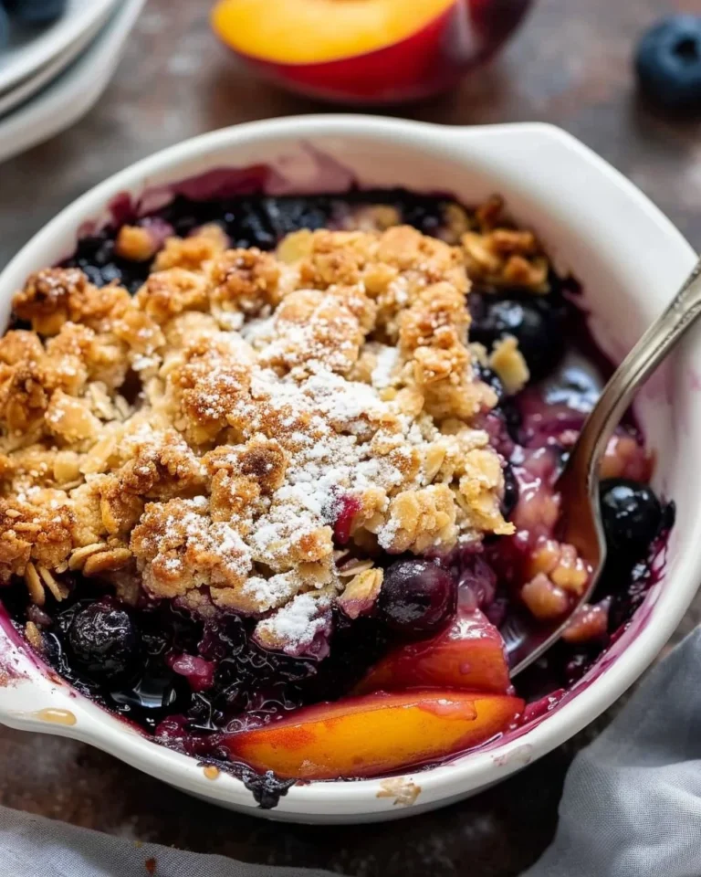 A delicious blueberry peach crumble served in a bowl, topped with a scoop of vanilla ice cream.