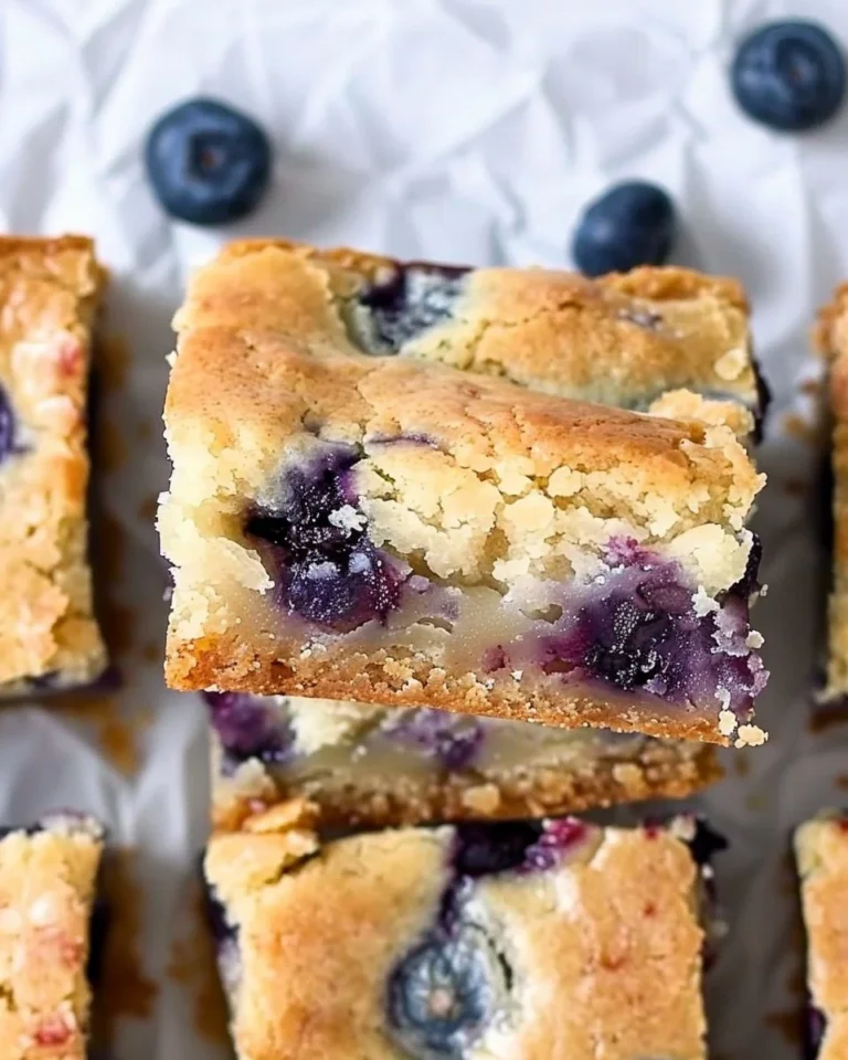 Delicious homemade blueberry blondies with white chocolate drizzled on top.