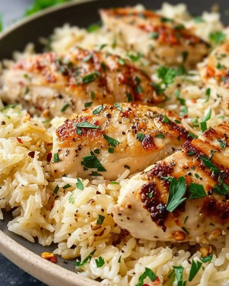 Chicken Scampi served with Garlic Parmesan Rice on a plate