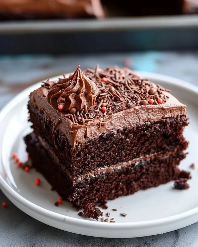 Delicious homemade Chocolate Sheet Cake topped with chocolate frosting