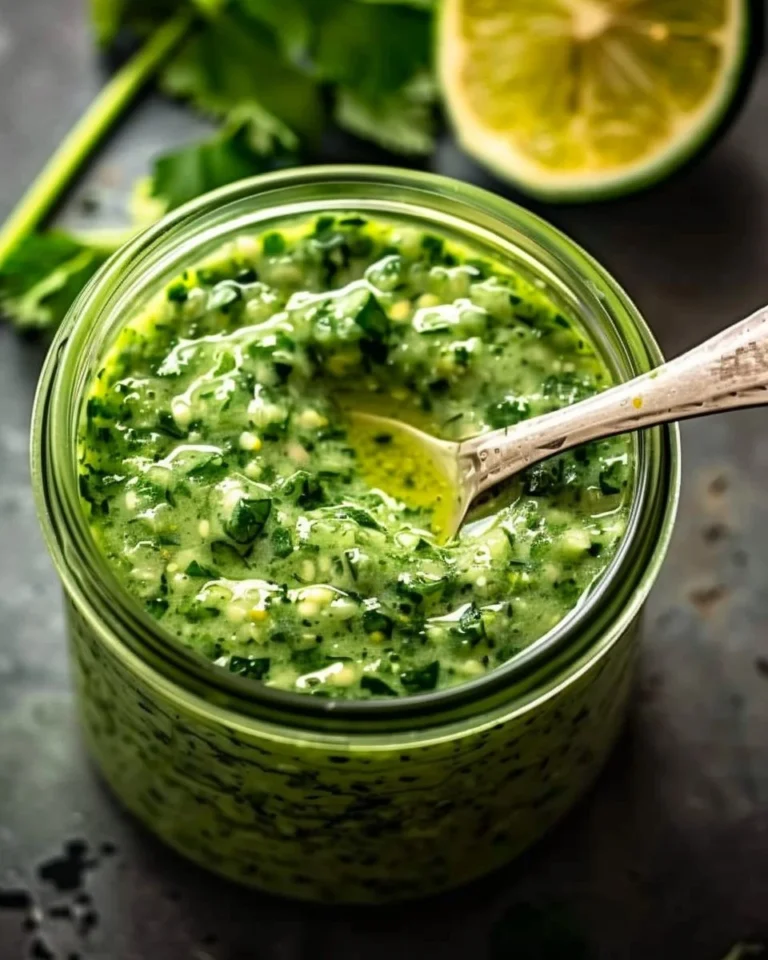 Cilantro garlic sauce with jalapeños and limes in a bowl