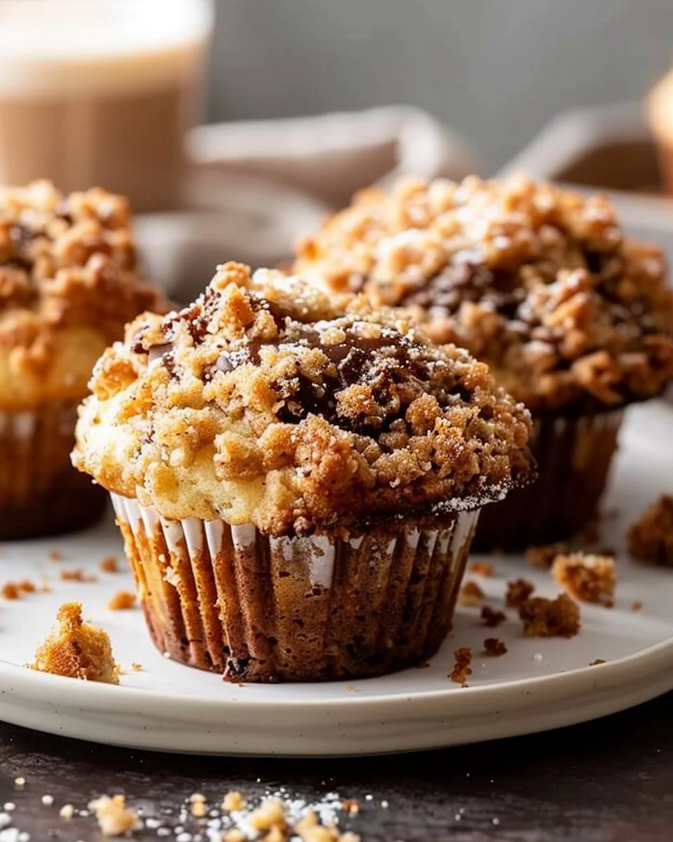 Delicious coffee cake muffins on a plate, perfect for breakfast or dessert.