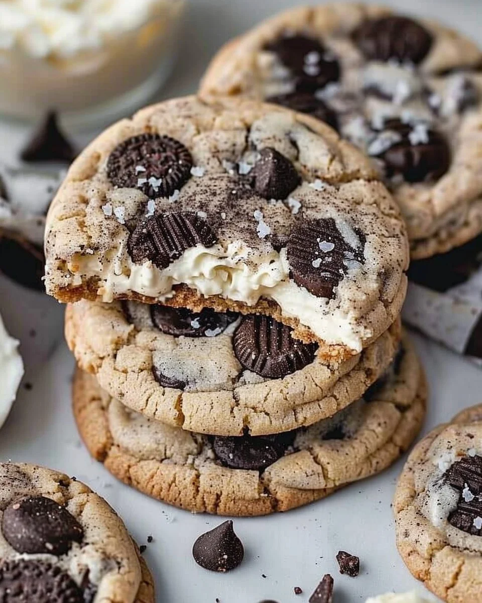 Delicious Cookies and Cream Cookies topped with Oreo crumble on a baking tray