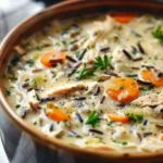 Bowl of creamy chicken wild rice soup made in a slow cooker