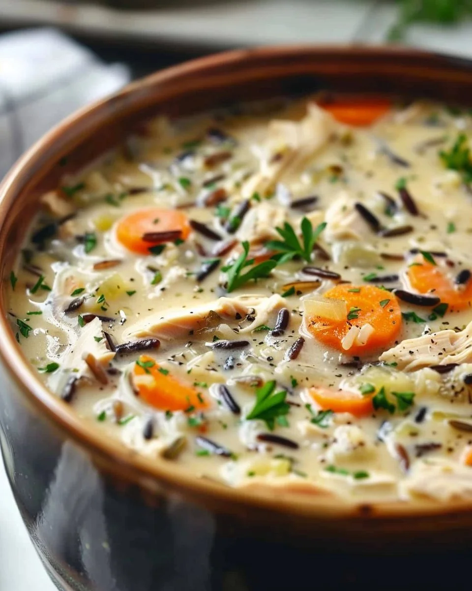 Bowl of creamy chicken wild rice soup made in a slow cooker