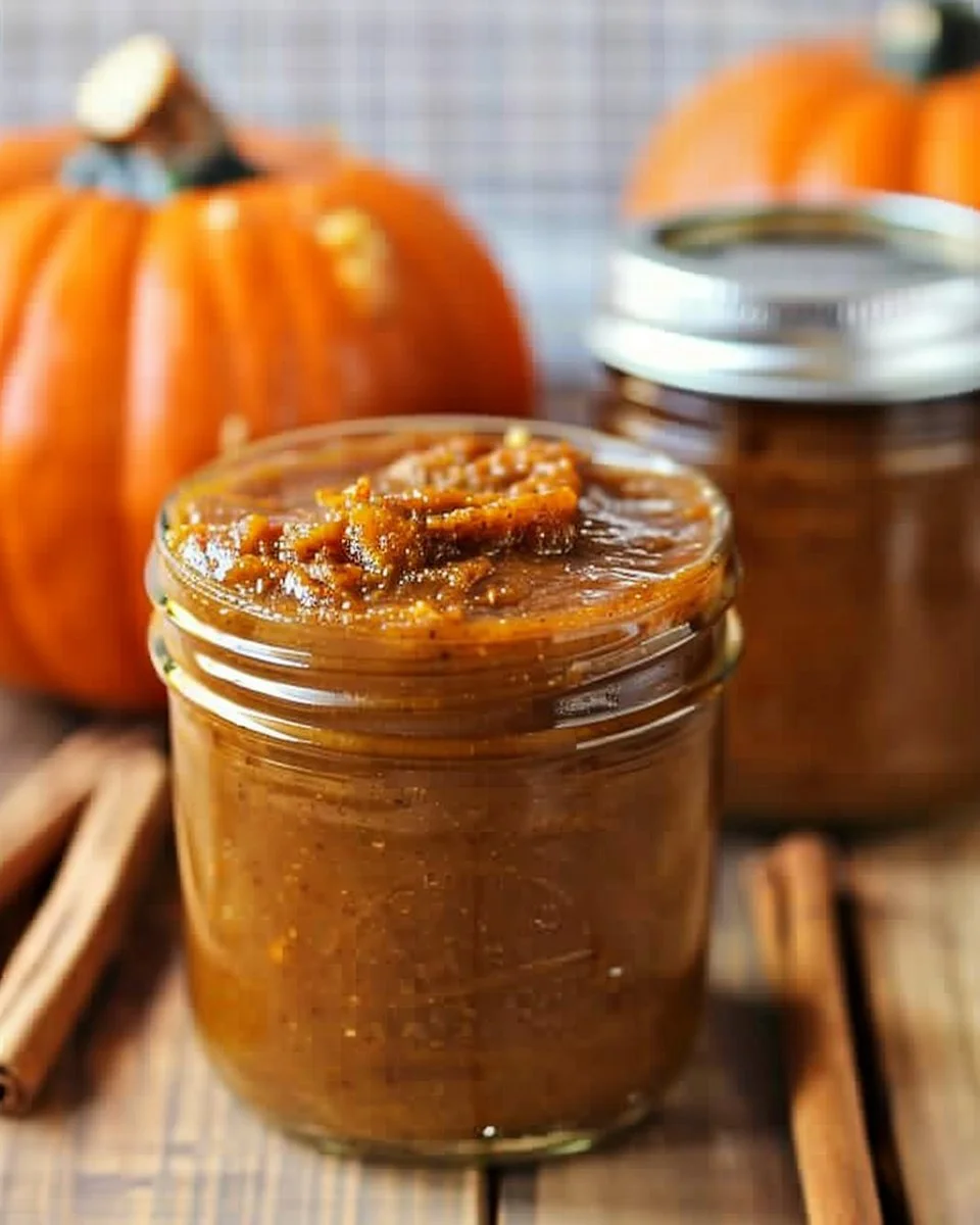 Crockpot pumpkin butter cooking in a slow cooker, showcasing a rich autumn spread.