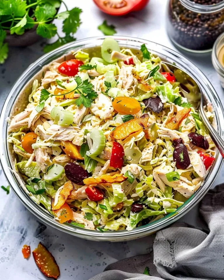 Bowl of tasty curry chicken salad with fresh ingredients.