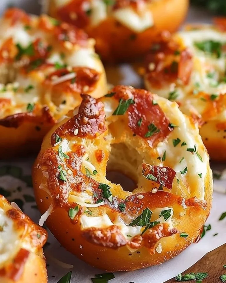 Homemade bagel bites with cheese and toppings on a baking tray.