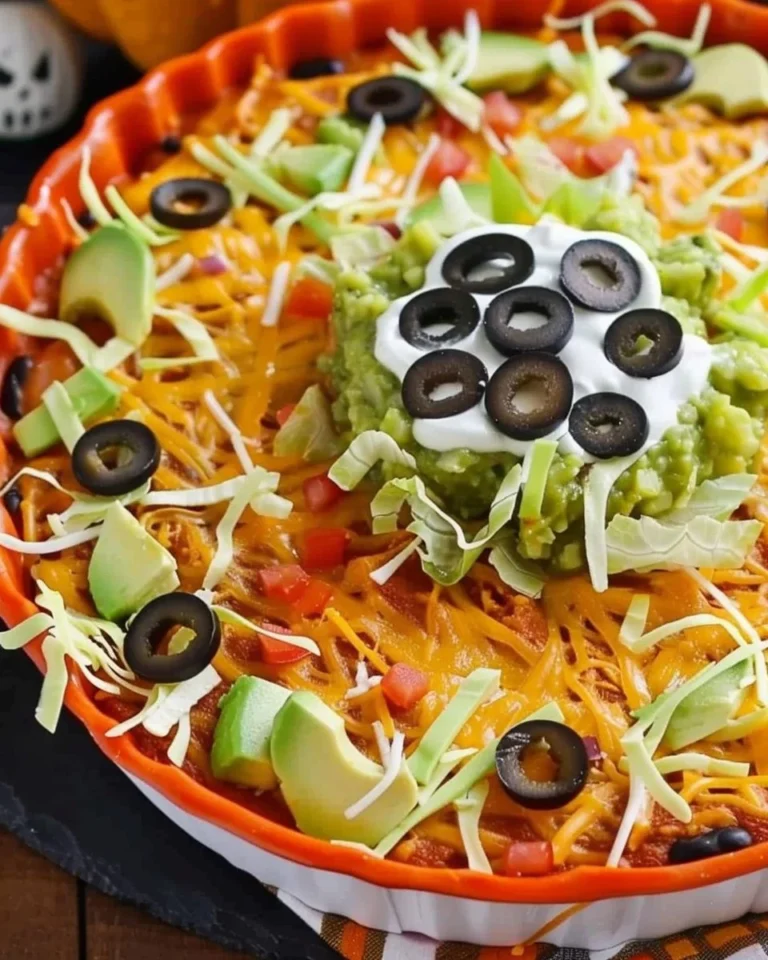 Delicious seven-layer taco dip served in a festive dish for fall gatherings