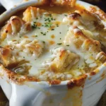 Delicious bowl of French onion soup topped with melted cheese and fresh herbs