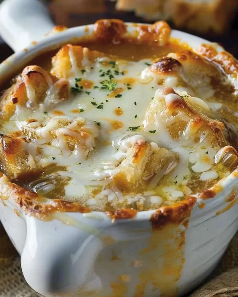 Delicious bowl of French onion soup topped with melted cheese and fresh herbs