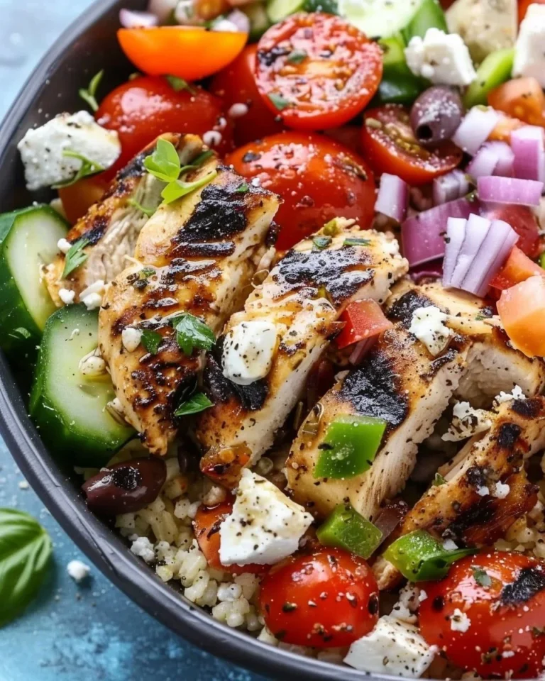 Delicious Greek Chicken Bowl with fresh vegetables and herbs
