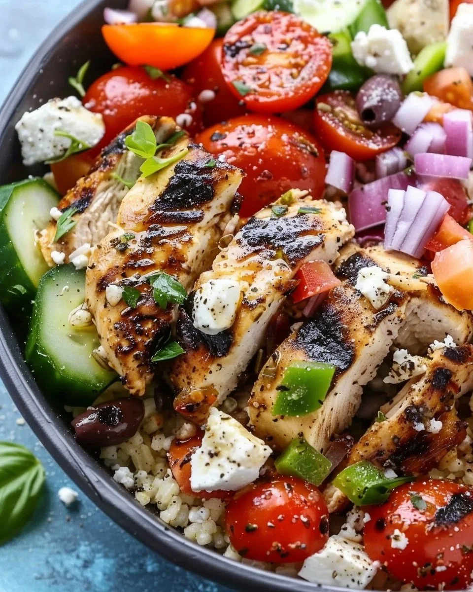Delicious Greek Chicken Bowl with fresh vegetables and herbs