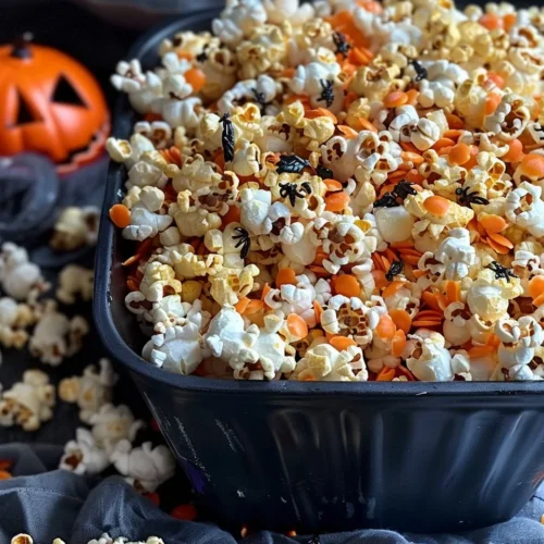 Colorful Halloween-themed popcorn in a festive bowl, great for parties