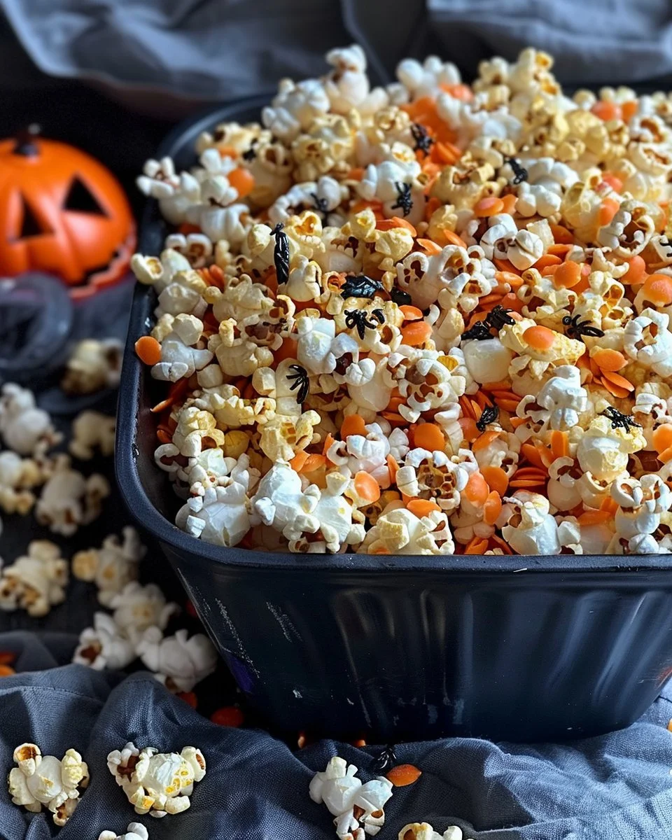 Colorful Halloween-themed popcorn in a festive bowl, great for parties