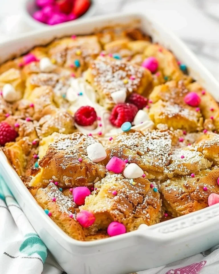 Overnight Birthday Cake French Toast Casserole topped with frosting and sprinkles