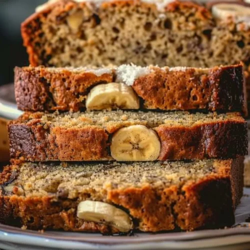 Loaf of perfect banana bread with slices showcasing its moist texture