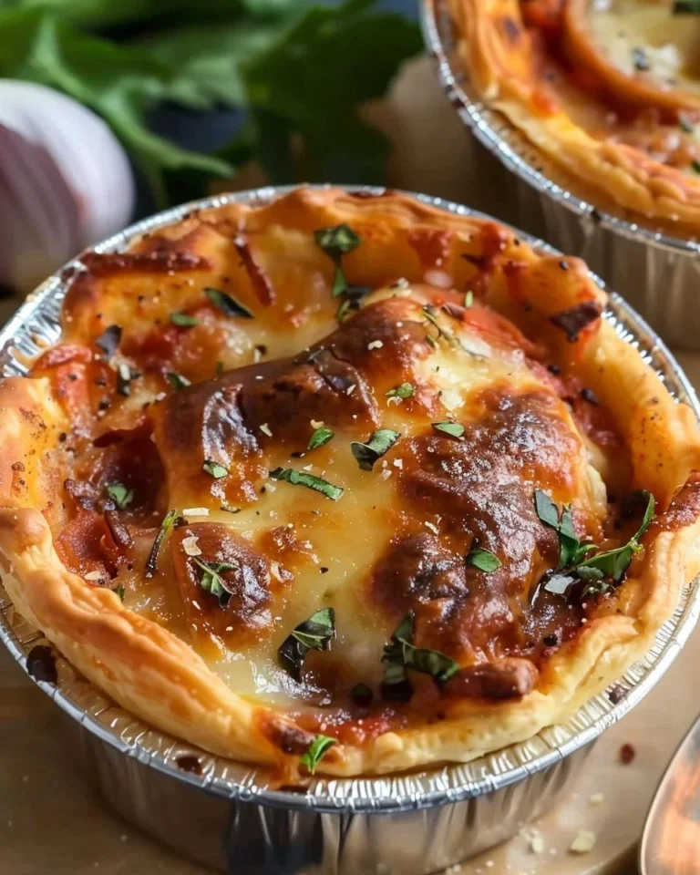 Homemade Pizza Pot Pies filled with cheese, pepperoni, and fresh vegetables.