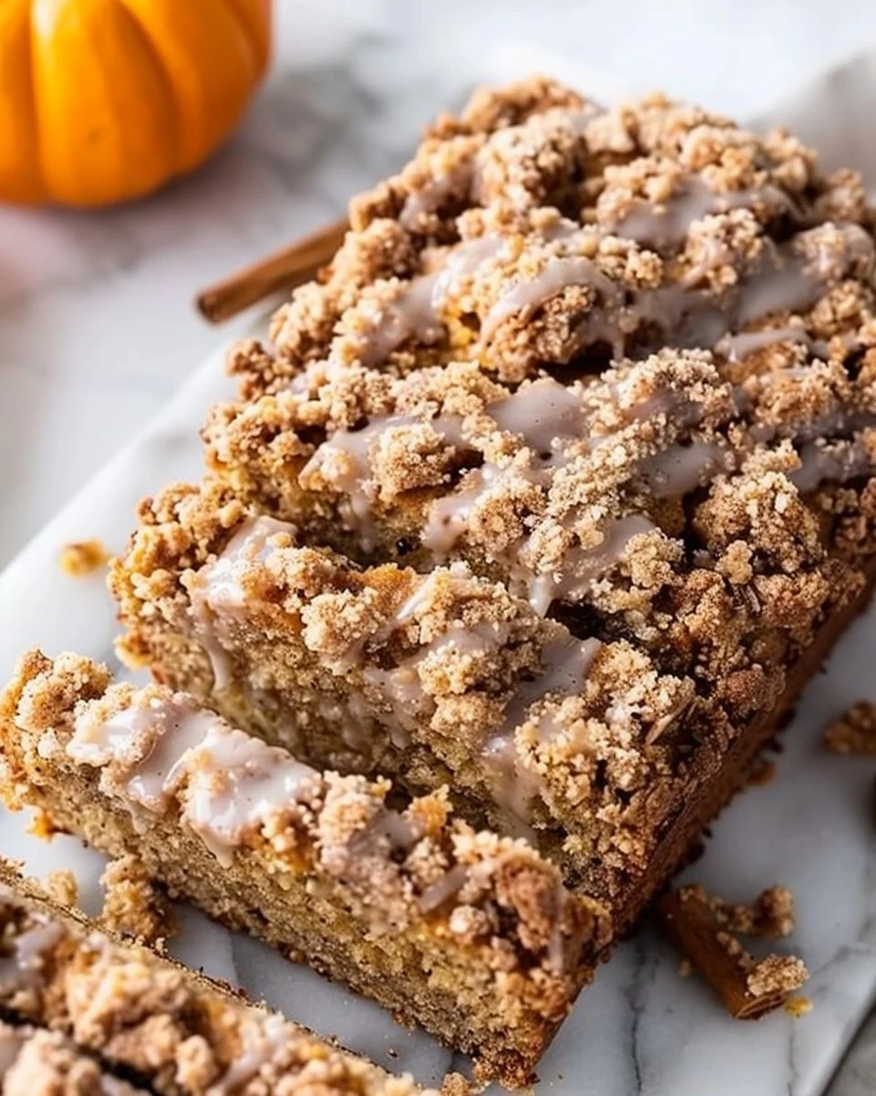 Loaf of pumpkin bread topped with cinnamon streusel, garnished with nuts.
