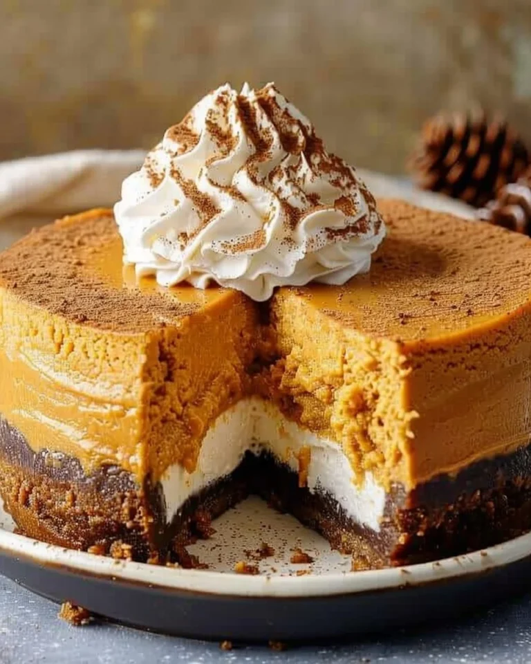 Delicious pumpkin cheesecake topped with whipped cream and spices