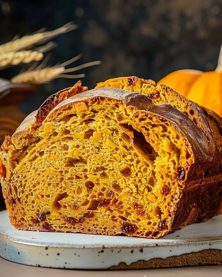 Freshly baked Pumpkin Sourdough Bread with a golden crust and pumpkin filling.
