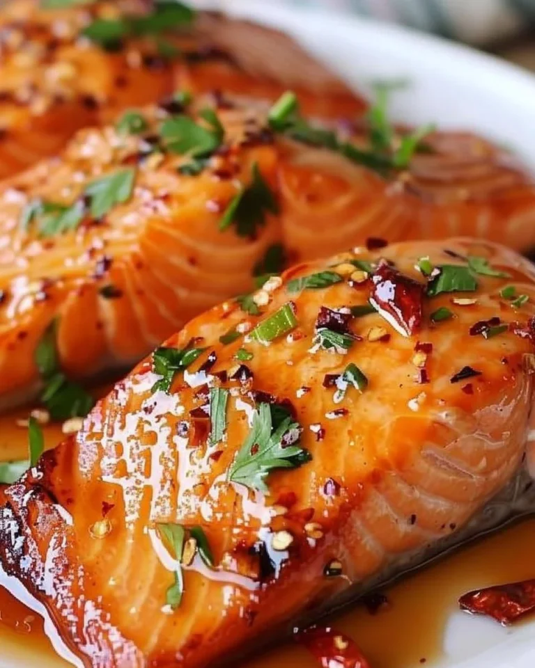Broiled salmon fillet with Thai sweet chili glaze on a white plate