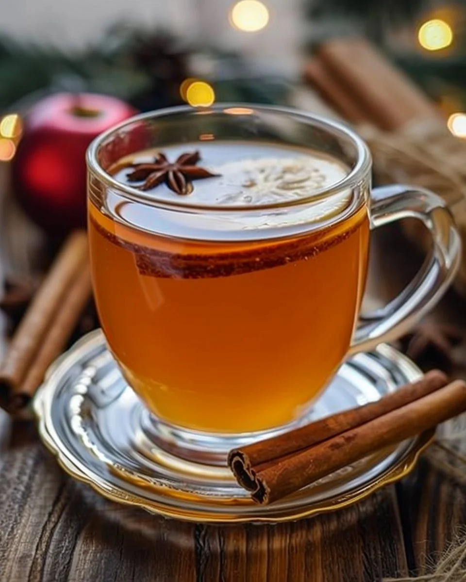 Delicious spiced apple cider tea served in a festive mug for Christmas.