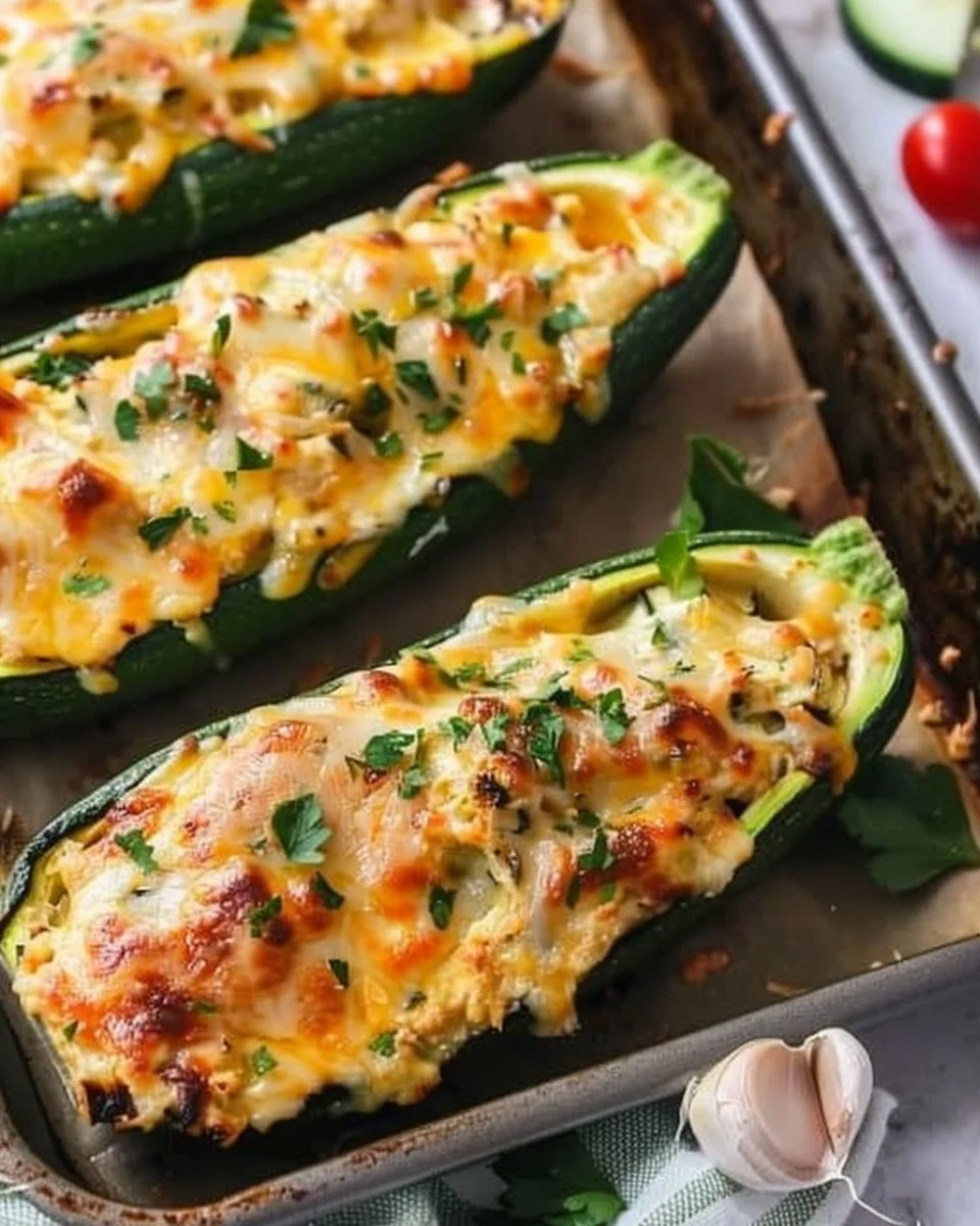Baked stuffed zucchini boats filled with veggies and cheese